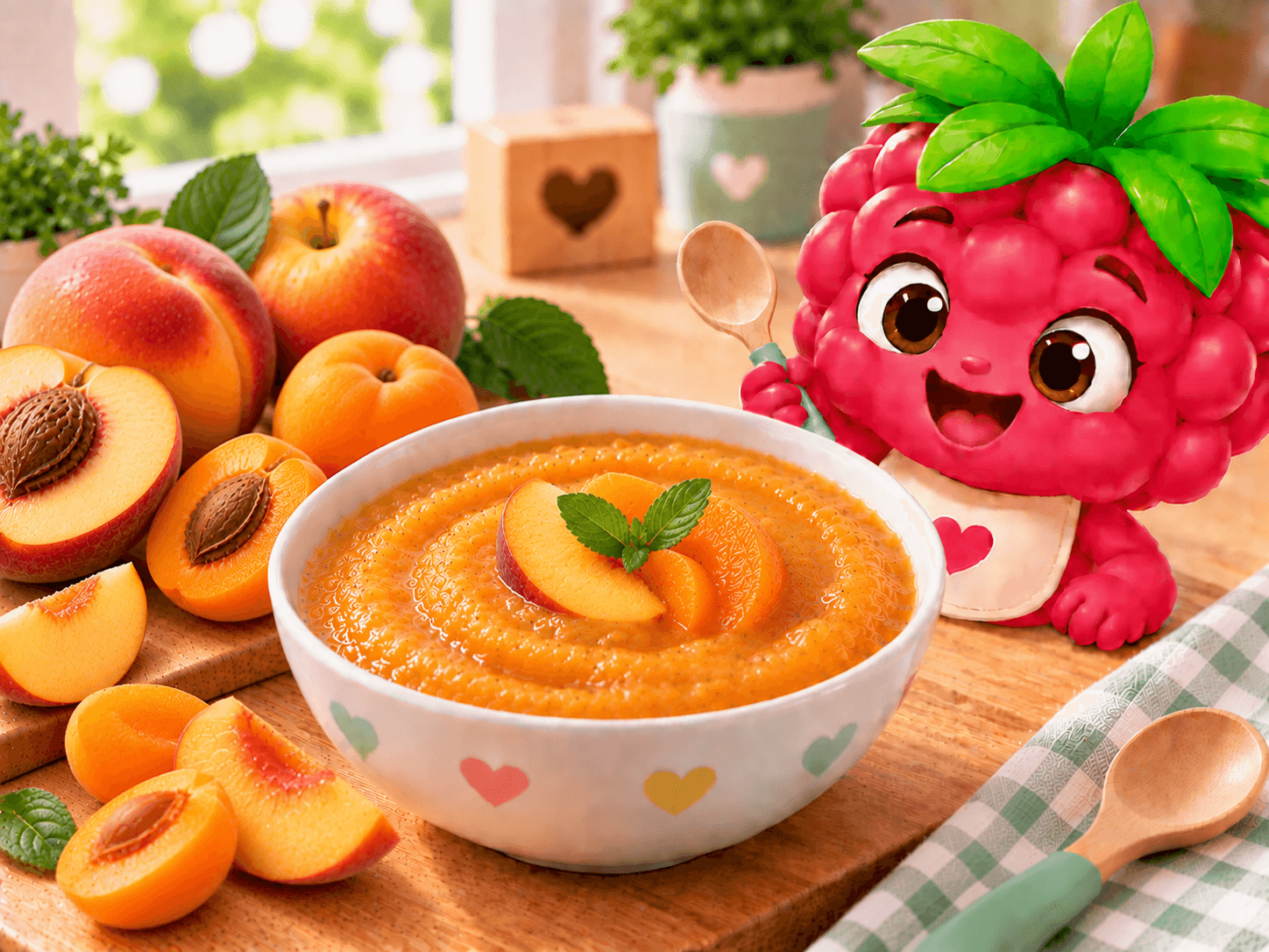 Compote lisse pêche-abricot, purée onctueuse jaune-orangé dans un petit bol, sans sucre ajouté, parfaite pour bébé dès 6 mois.