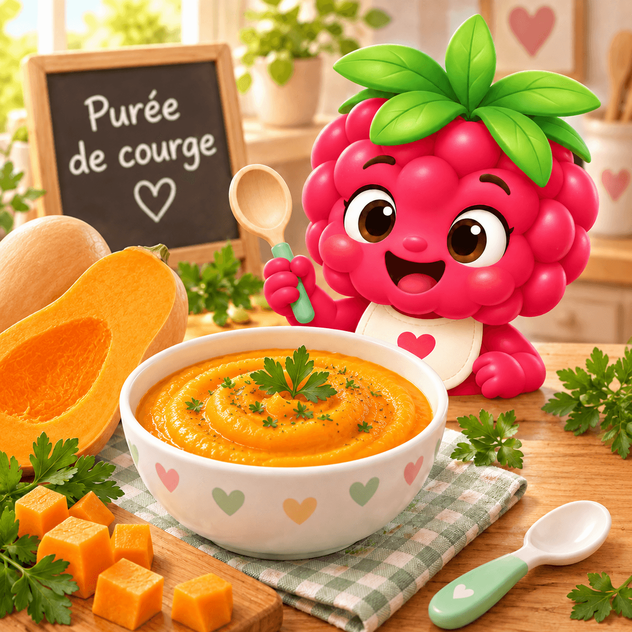 Purée lisse et onctueuse de courge butternut, couleur jaune orangé vif, présentée dans un petit bol pour bébé.