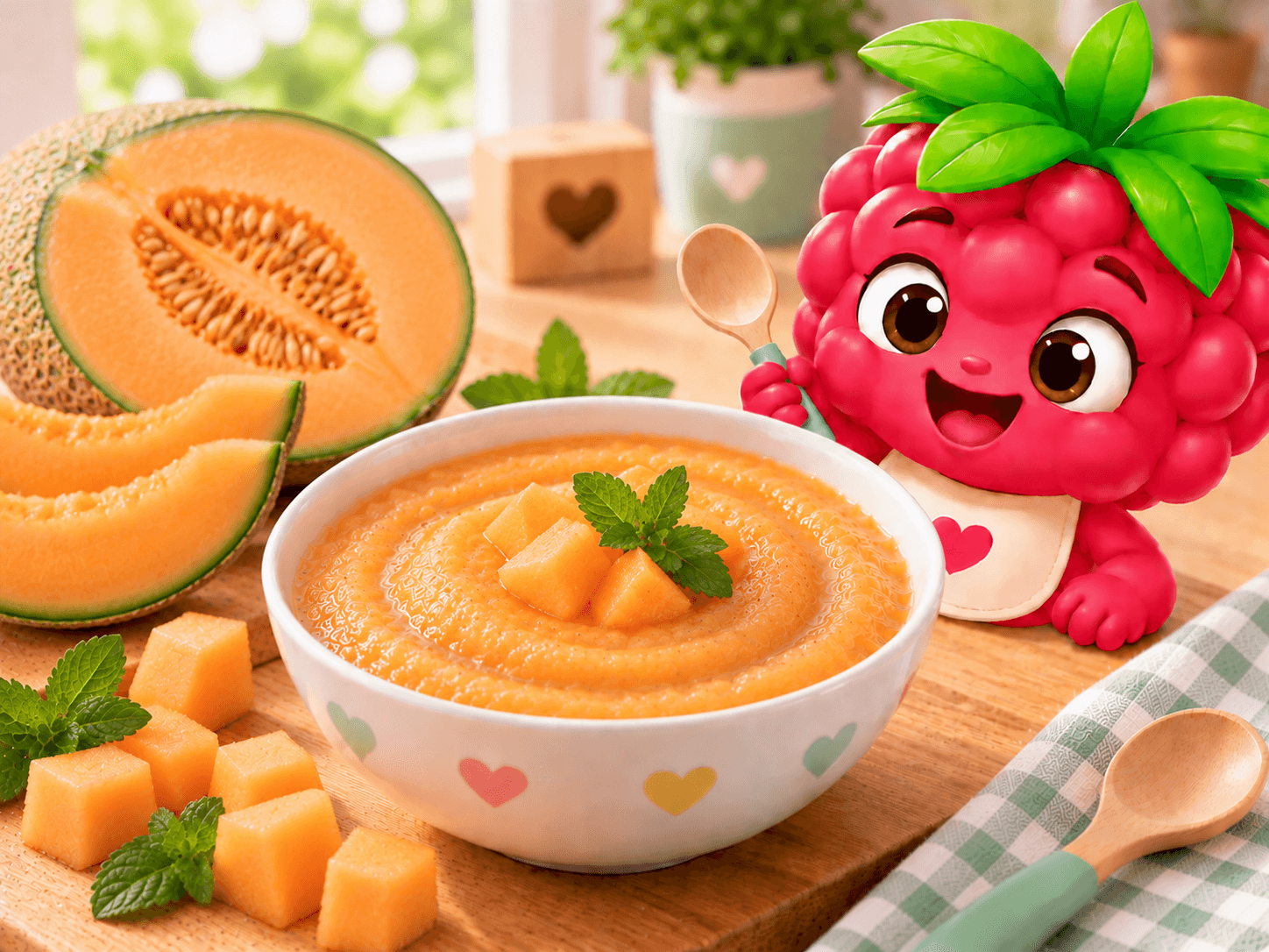 Purée lisse de melon dans un petit bol, à la texture onctueuse et couleur orangée, parfaite pour initier bébé aux saveurs fruitées.