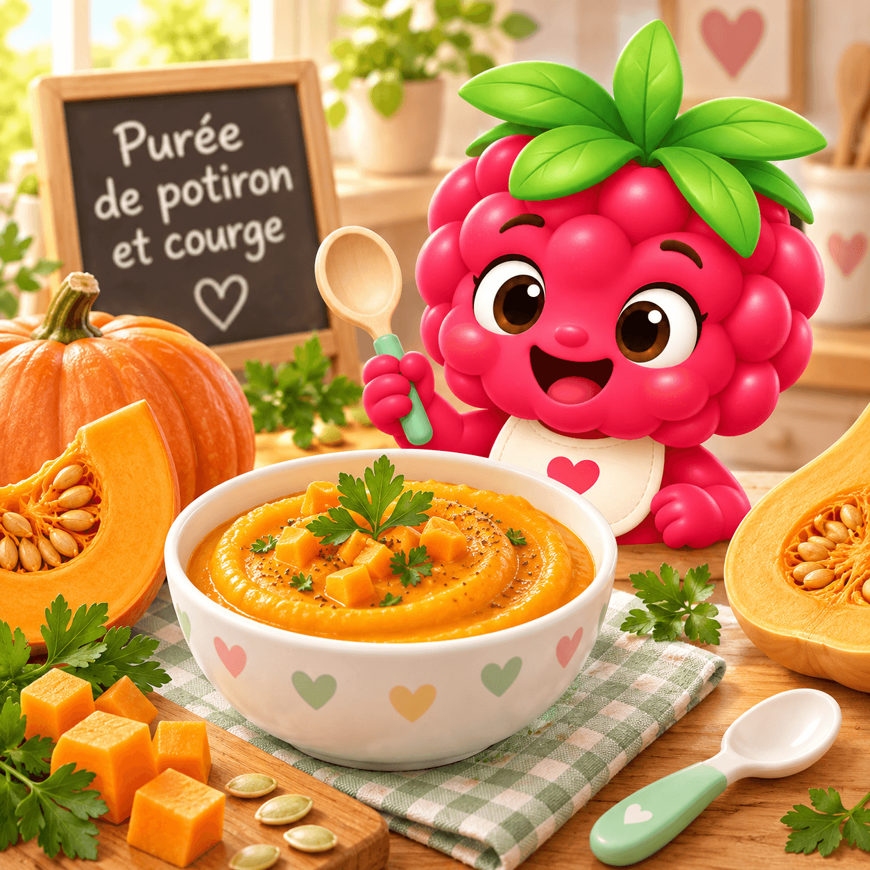 Smooth pumpkin and butternut squash purée served in a small bowl. Silky orange texture, rich in beta-carotene, perfect for baby from 6 months.