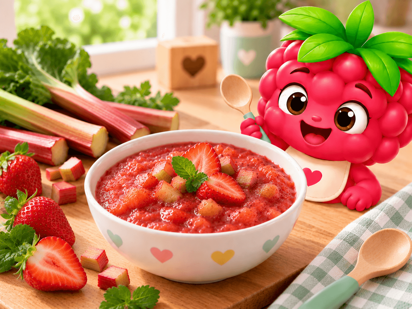 Smooth pink purée of strawberries and rhubarb in a small bowl, sugar-free homemade baby compote.