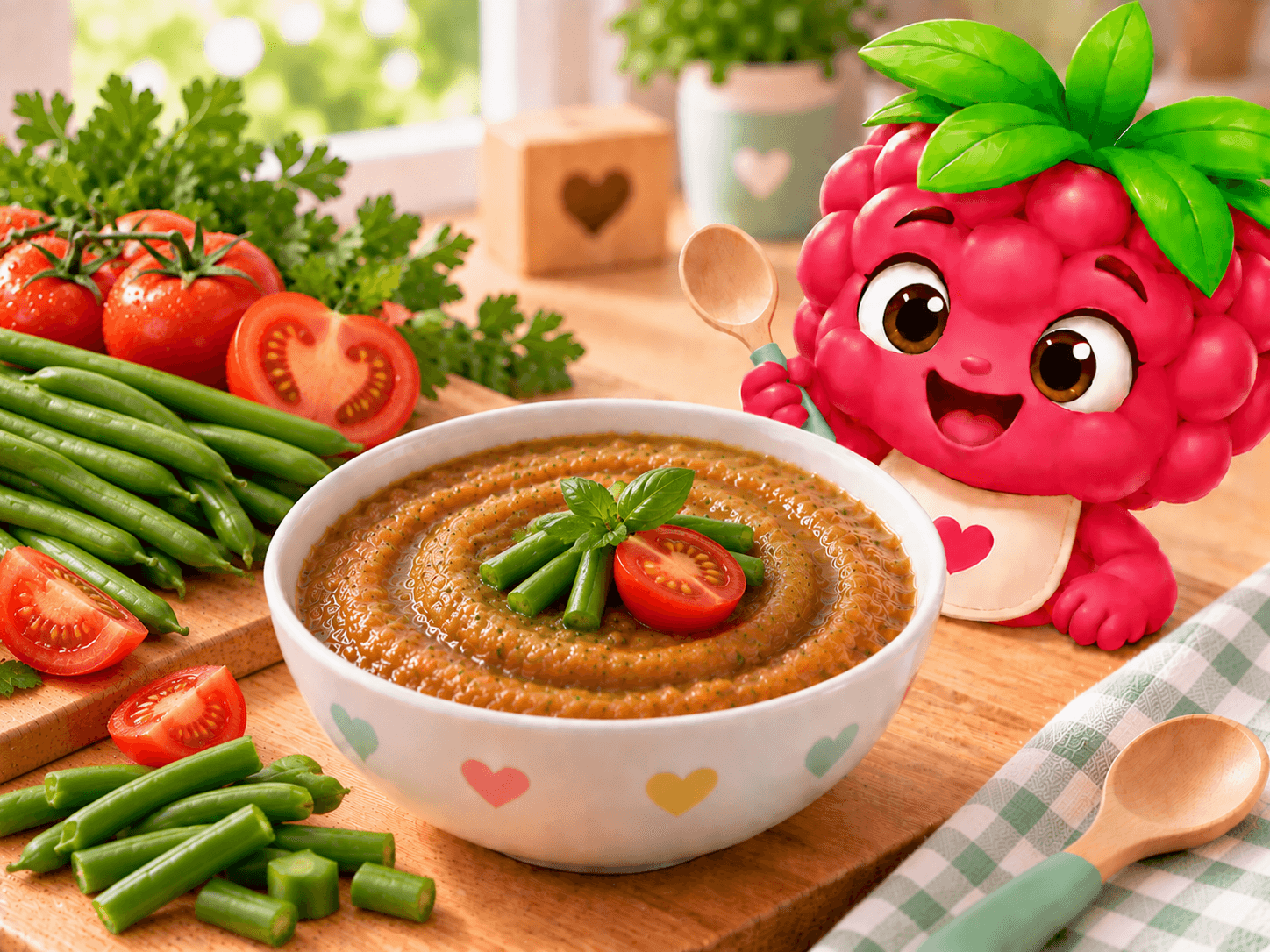 Purée lisse vert pâle marbrée de rose, à base de haricots verts et tomate, servie en petite portion dans une assiette creuse.