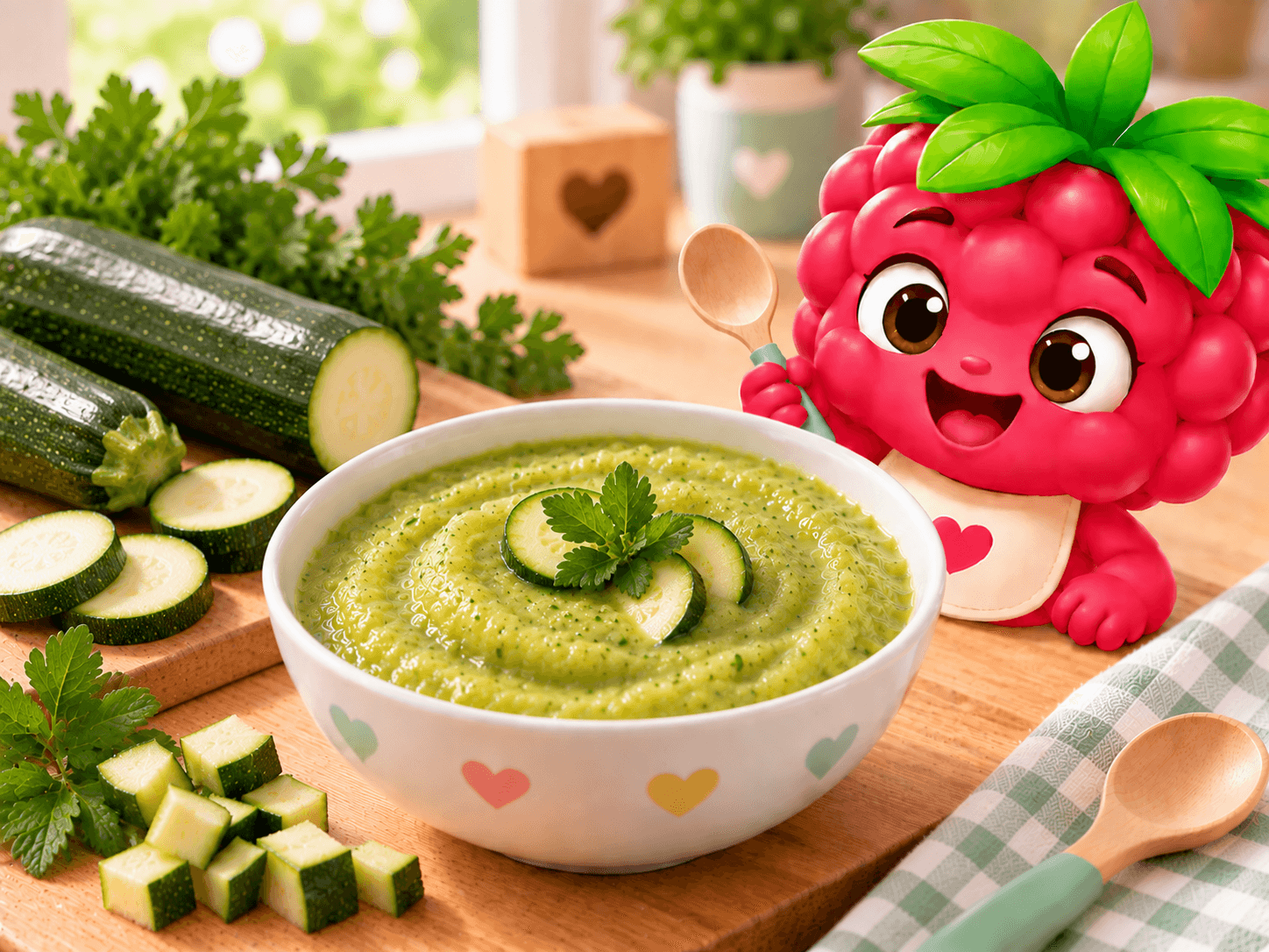 Smooth green zucchini purée in a small bowl, creamy texture, gentle and easy to digest for baby on warm days.