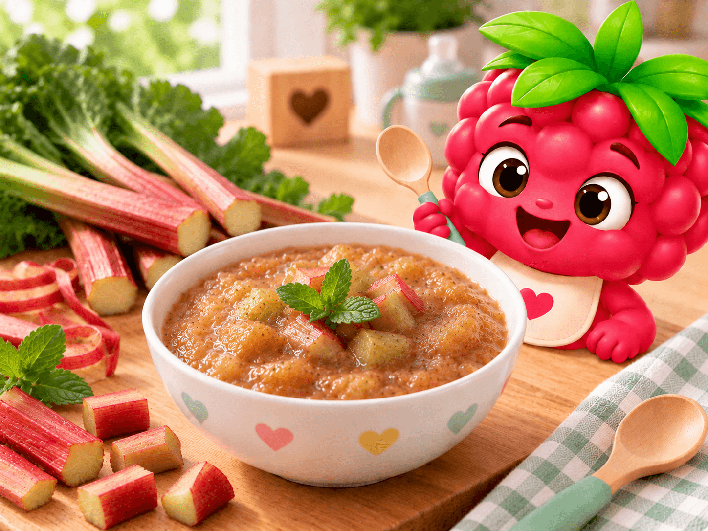 Smooth and tangy rhubarb compote without added sugar, served as a silky, pale pink purée in a small bowl.