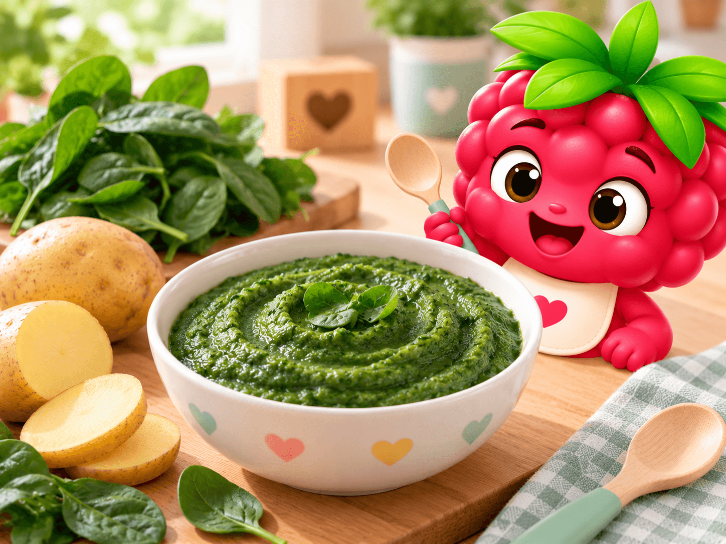 Smooth green spinach purée served in a small baby bowl. Creamy texture, iron-rich, perfect for introducing leafy greens to baby.