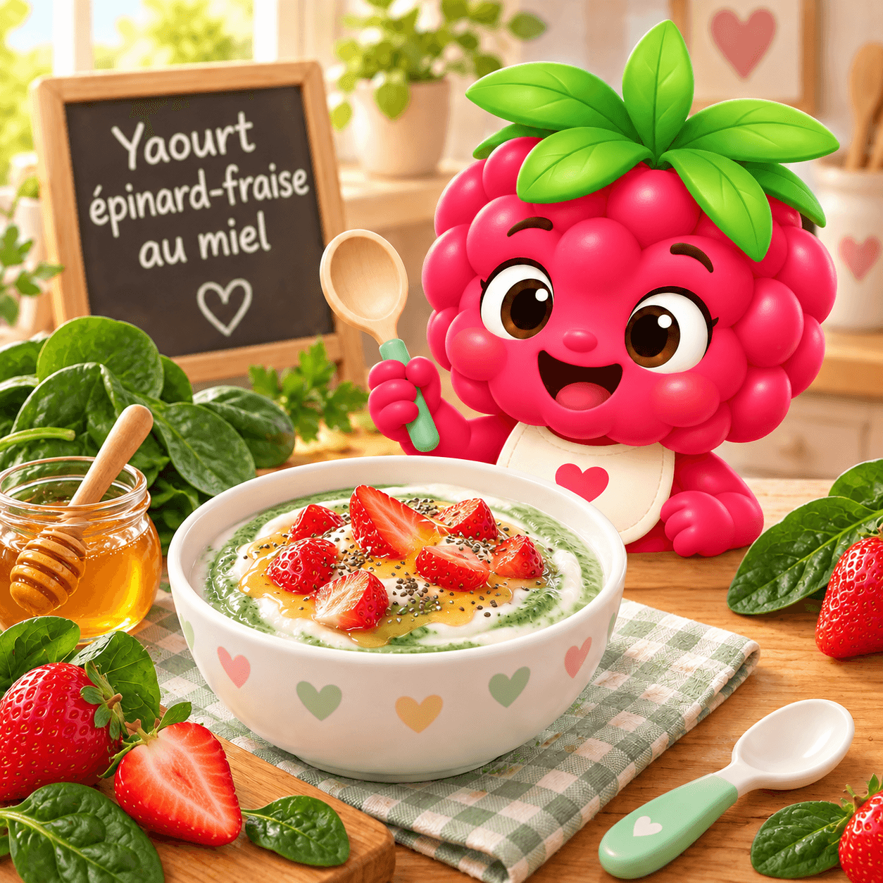 Yaourt épinard-fraise au miel