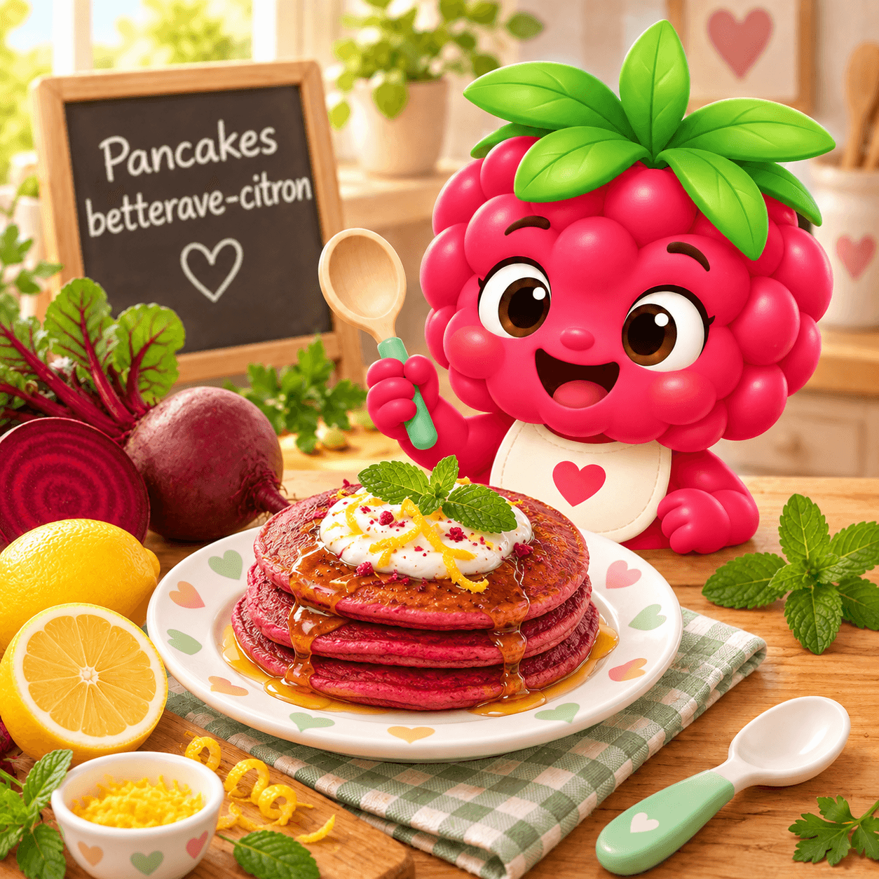 Pancakes roses betterave-citron au kiwi