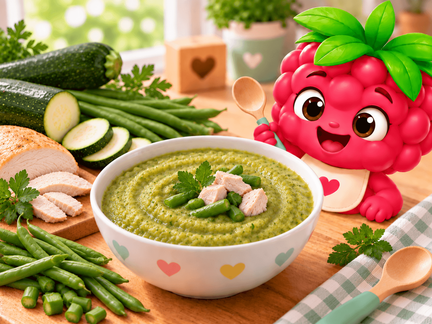 Smooth pale green purée of zucchini and green beans, topped with tender small pieces of cooked turkey, served in a shallow bowl.