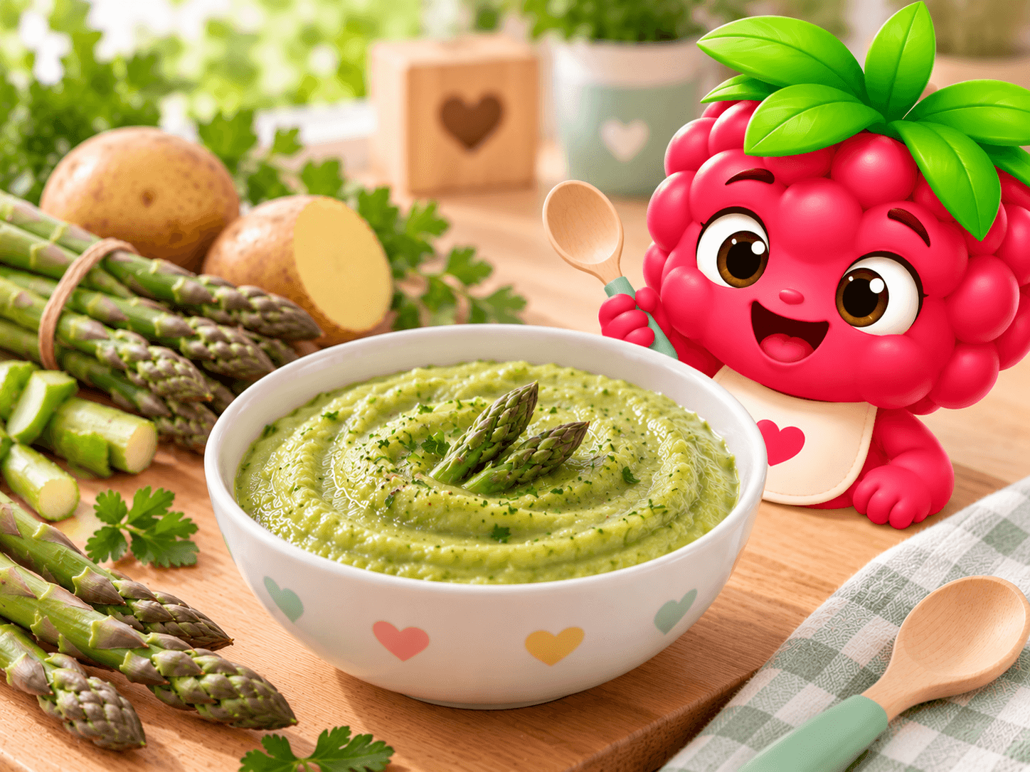 Smooth green asparagus puree, silky texture and tender green color, served in a small portion for baby.