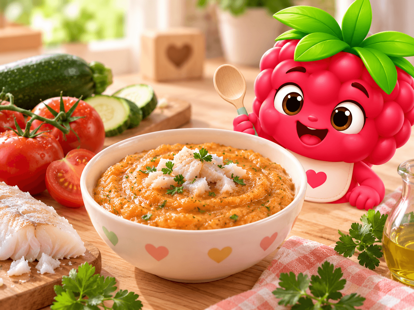 Purée lisse couleur orangée mêlant tomate et courgette, garnie d'éclats blancs de cabillaud émietté, présentée en petite coupelle.