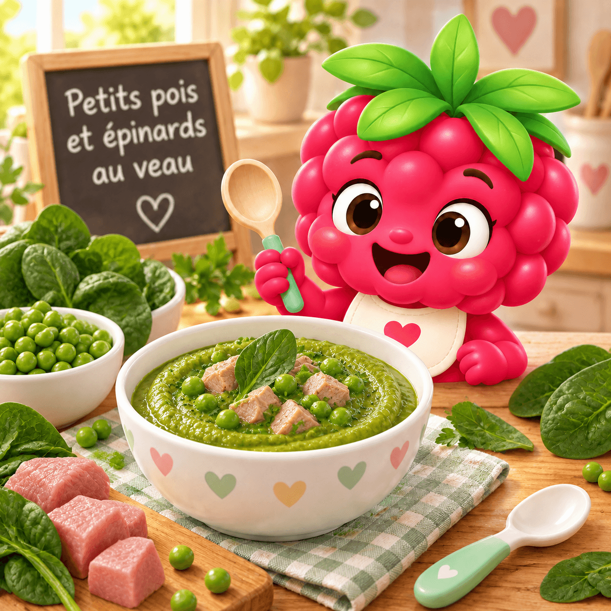 Petits pois, épinards et veau haché au kiwi
