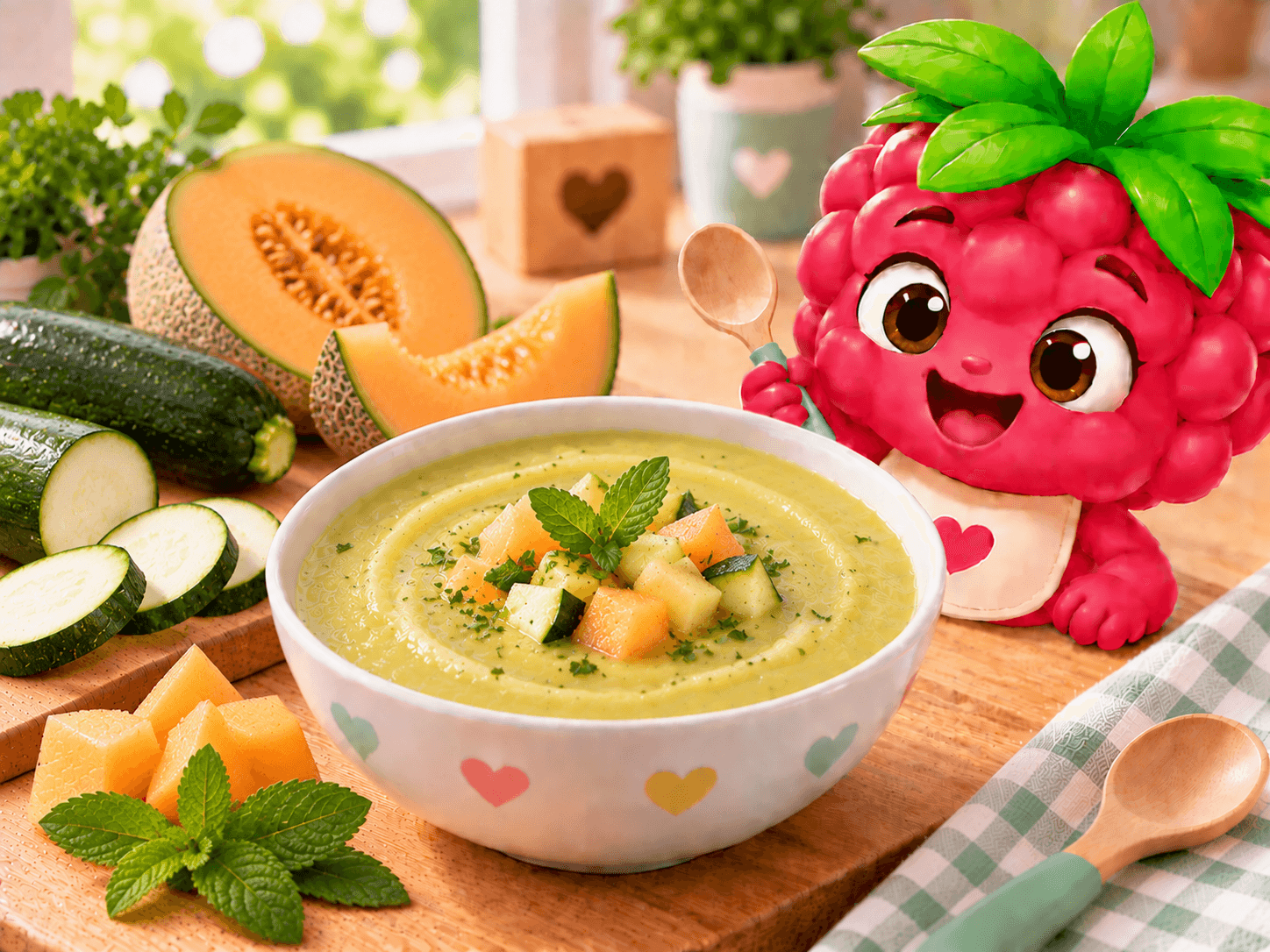 Velouté lisse de courgette et melon, purée onctueuse vert pâle servie dans une petite assiette, texture fondante parfaite pour bébé.