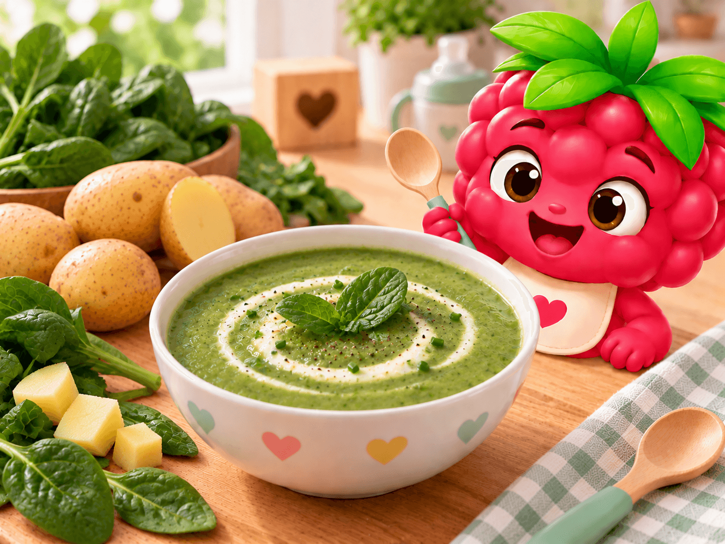 Smooth green purée of fresh spinach and potato, served as a creamy velouté in a small bowl for baby's dinner.