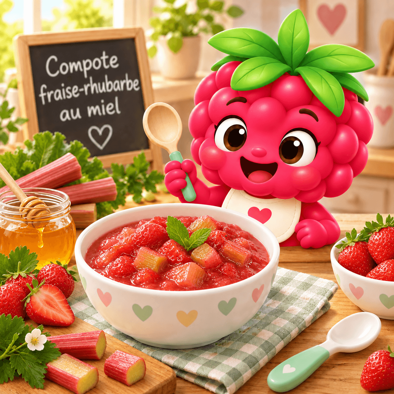 Compote fraise-rhubarbe au miel, graines de chia et yaourt