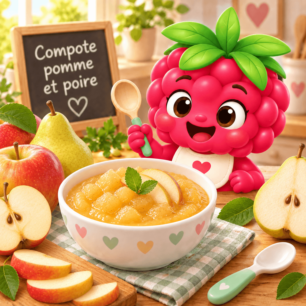 Compote lisse de pomme et poire, purée onctueuse de couleur beige clair servie dans un petit bol, texture veloutée sans morceaux.