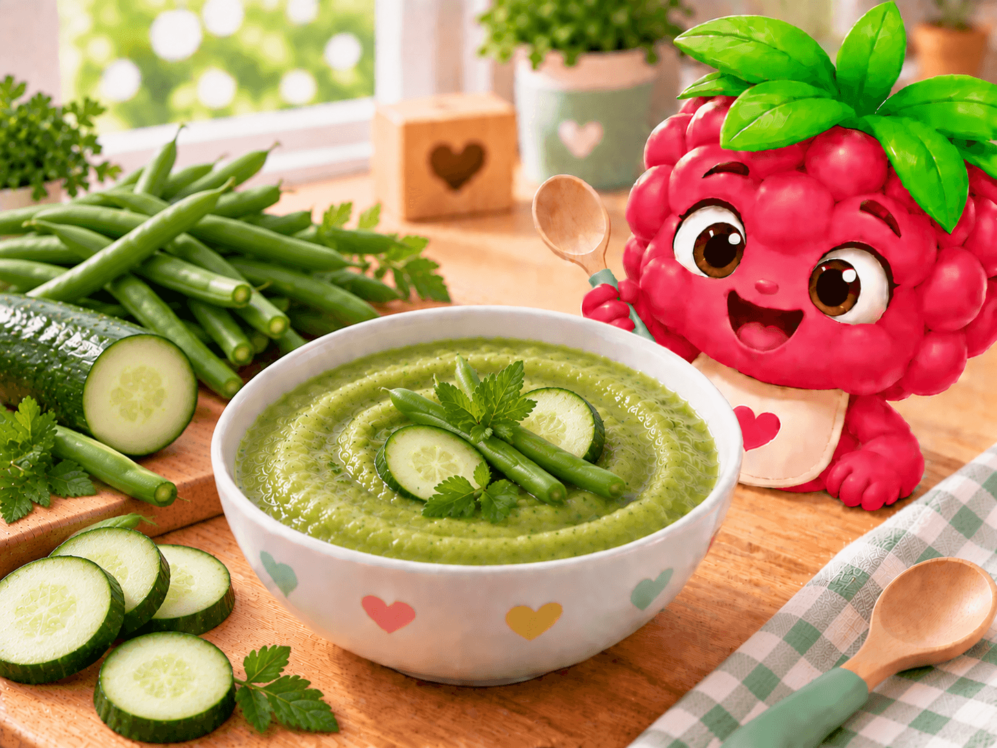 Smooth pale-green purée of green beans and cucumber, served in a small shallow bowl as a light baby meal.