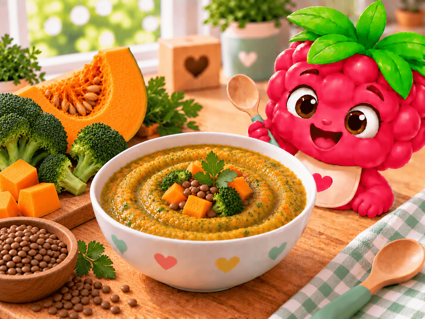 Thick puree of broccoli, pumpkin and red lentils, served in a small deep bowl. Smooth velvety texture, orange with green flecks.