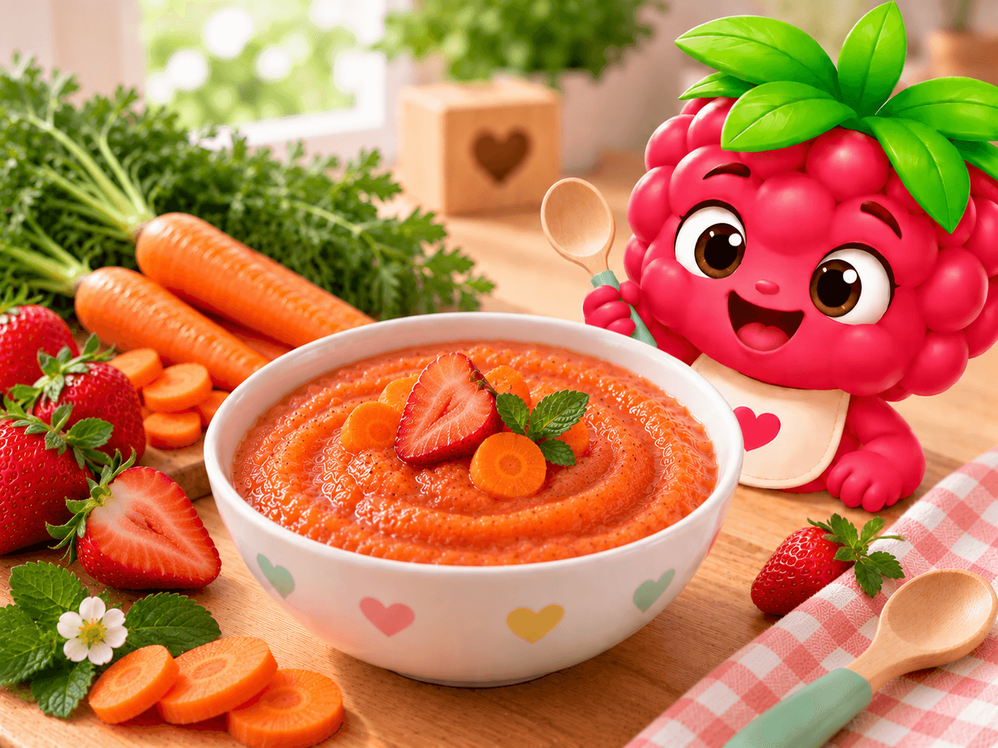 Smooth and creamy strawberry and carrot puree, with a soft pinkish-orange hue, served in a small baby bowl