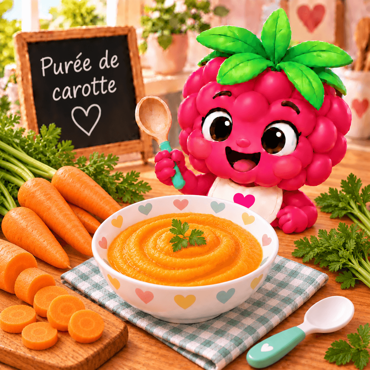 Purée de carotte au poulet et filet d'huile, dessert kiwi
