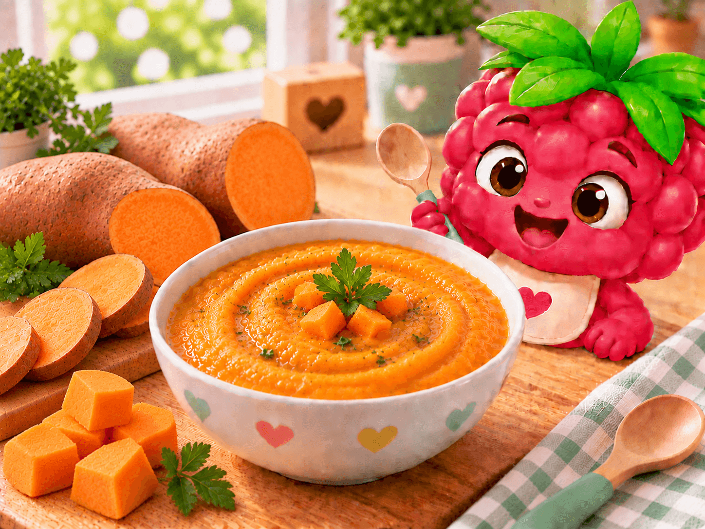 Smooth sweet potato purée in a small bowl, creamy texture and naturally sweet flavor, perfect for baby.