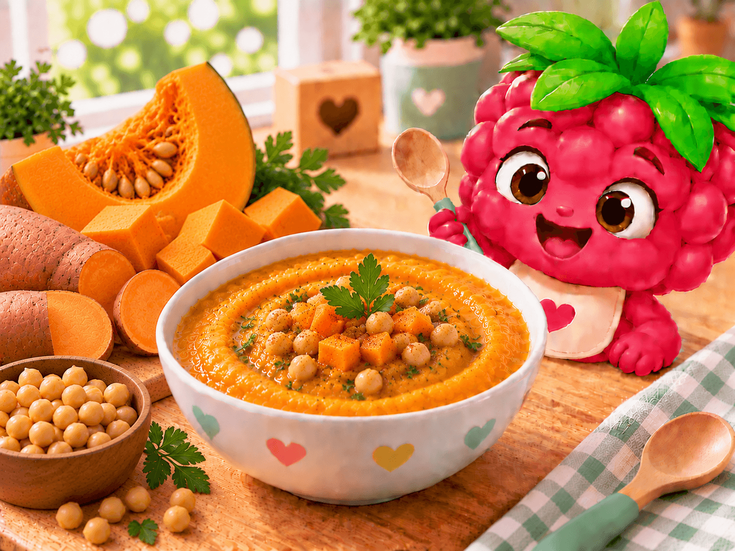 Purée lisse de courge butternut, patate douce et pois chiches, présentée en assiette creuse. Dîner végétarien nourrissant pour bébé.