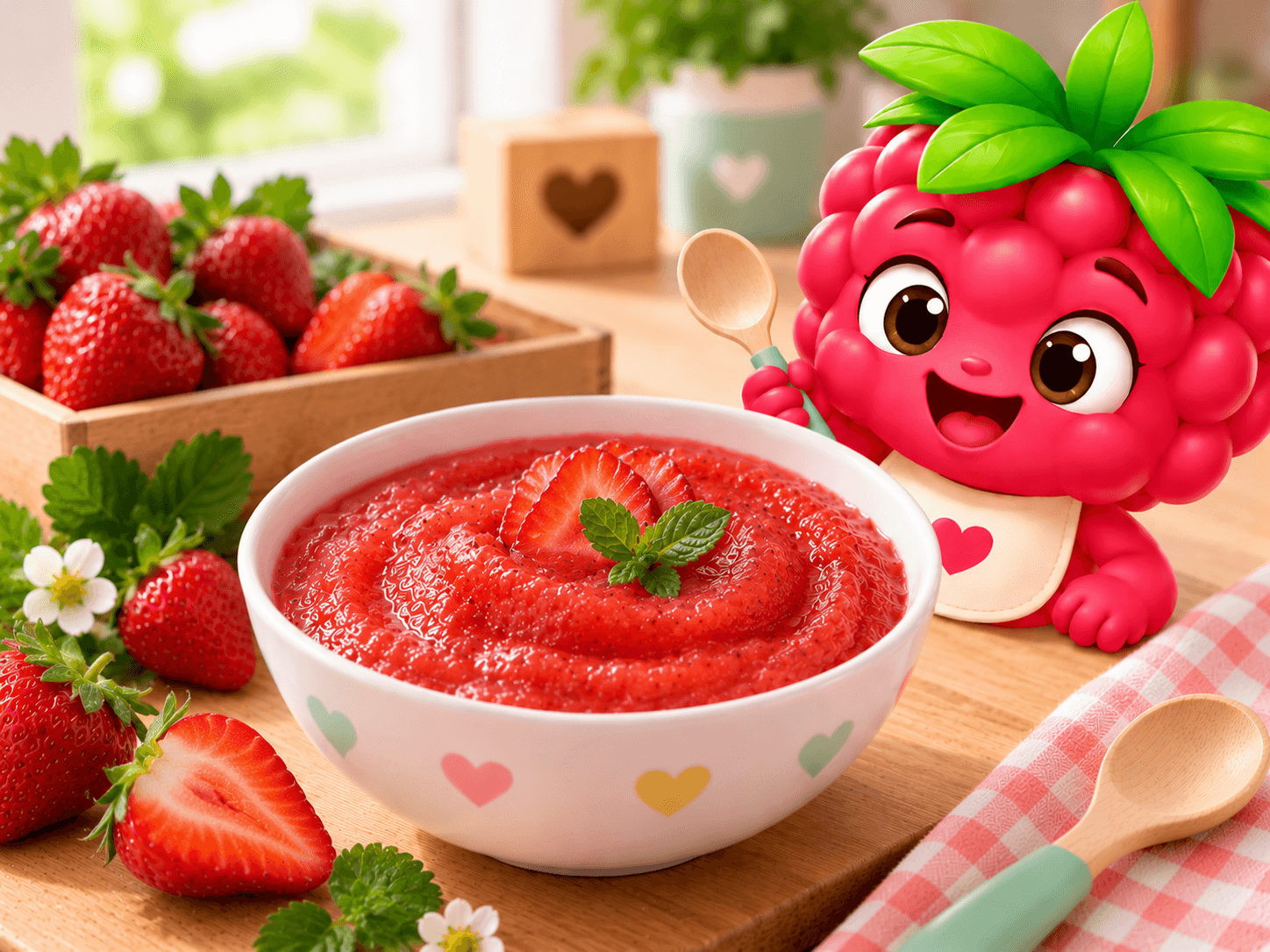 Compote de fraises onctueuse, en purée lisse rose vif, présentée dans un petit bol blanc, parfaite pour le goûter de bébé sans sucre ajouté.