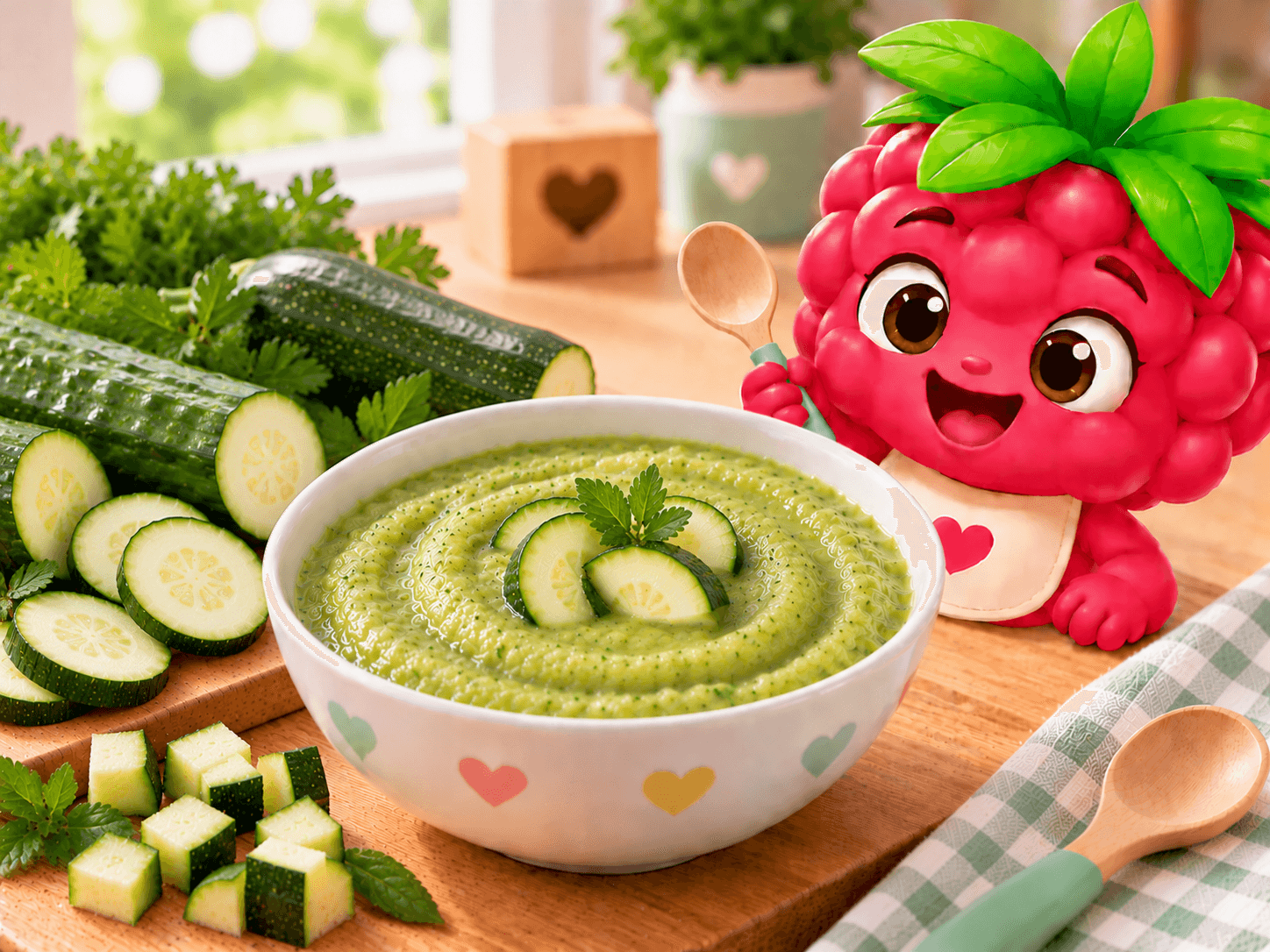 Smooth and creamy pale green puree of cucumber and zucchini, served in a small bowl perfect for a baby's summer meal.