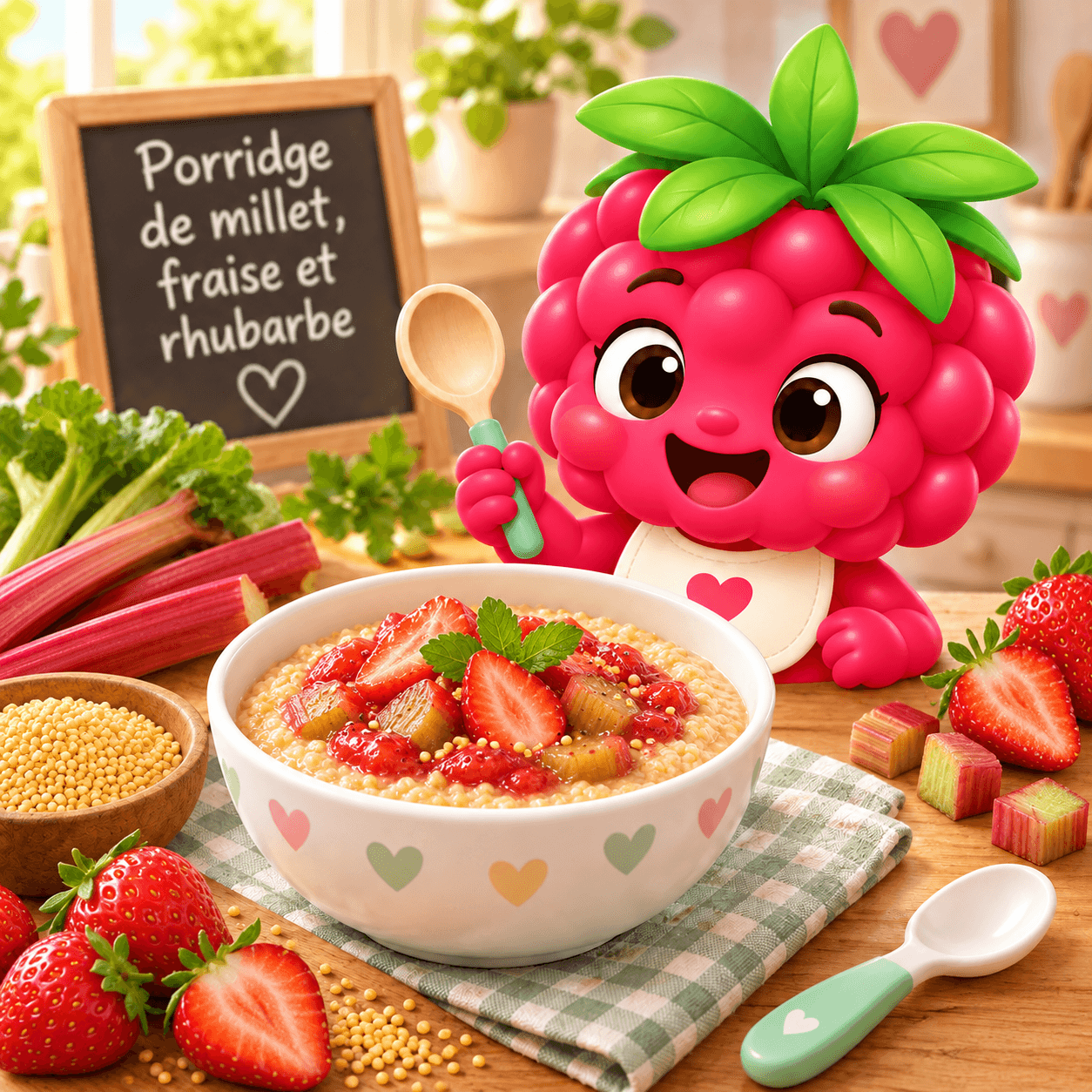 Porridge de millet, fraise et rhubarbe