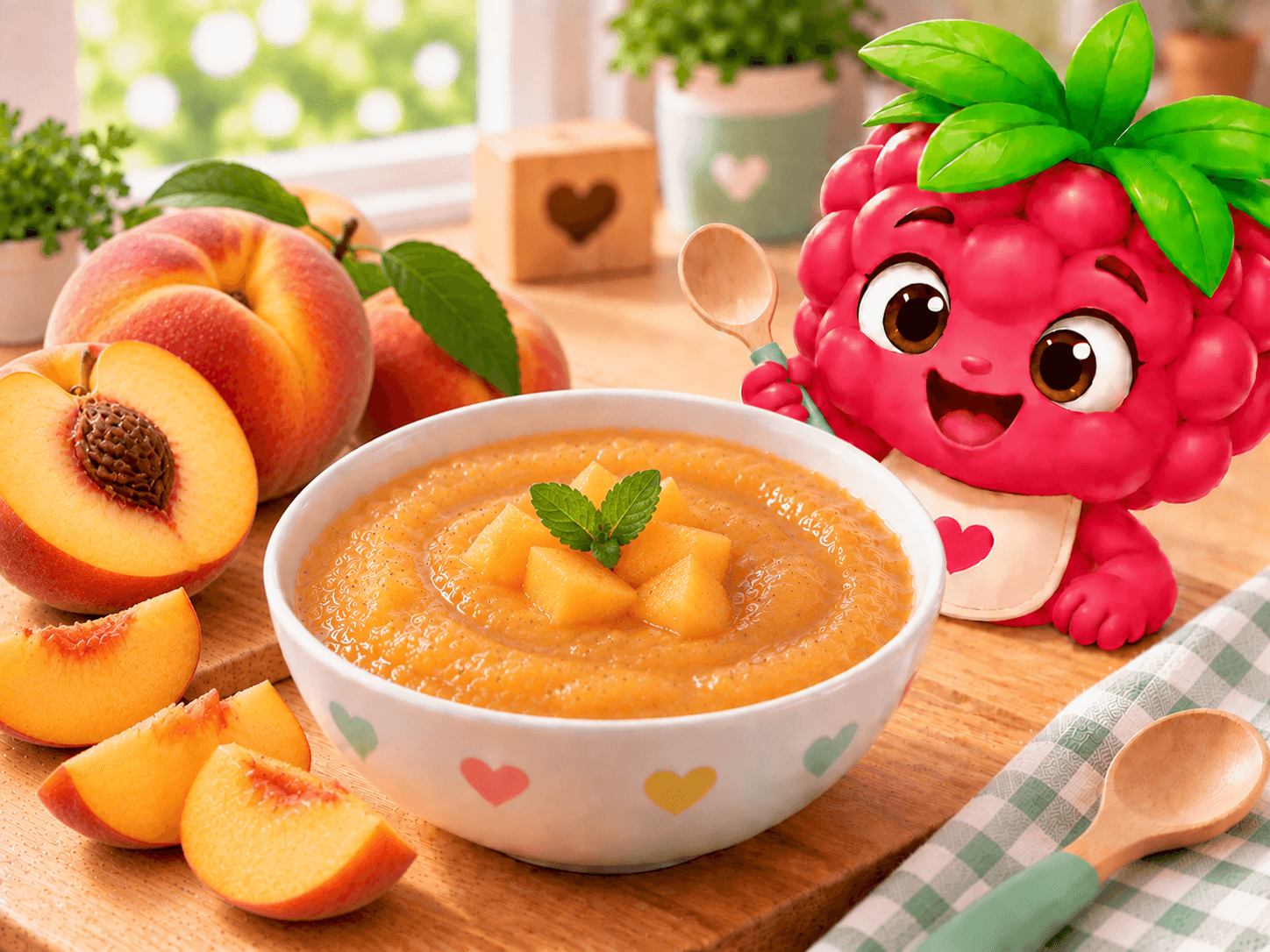 Smooth velvety peach baby food purée, golden-orange in color, served in a small bowl without added sugar.