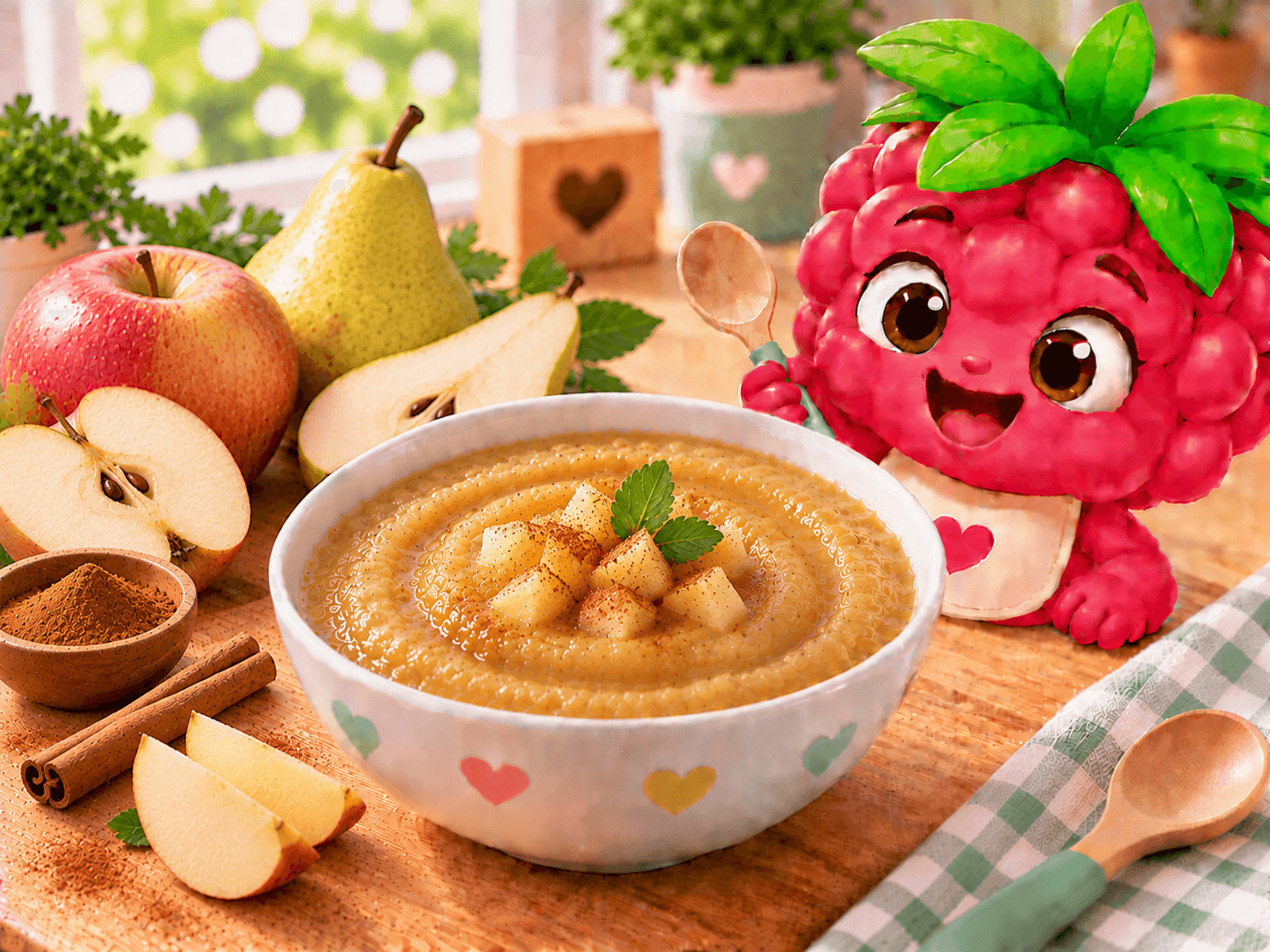 Compote onctueuse de pomme et poire parfumée à la cannelle, texture finement écrasée, servie dans un petit bol blanc.