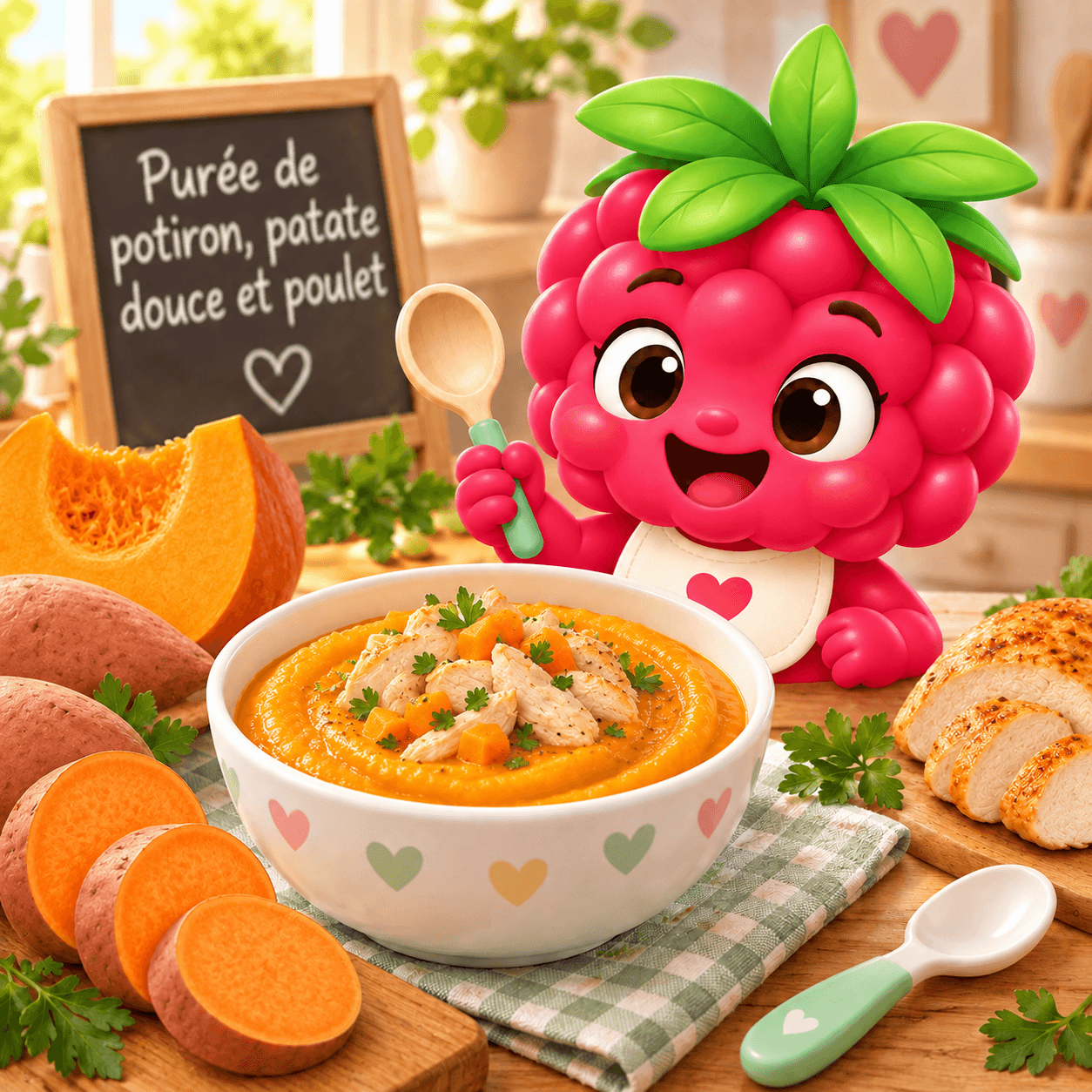 Purée de potiron, patate douce et poulet