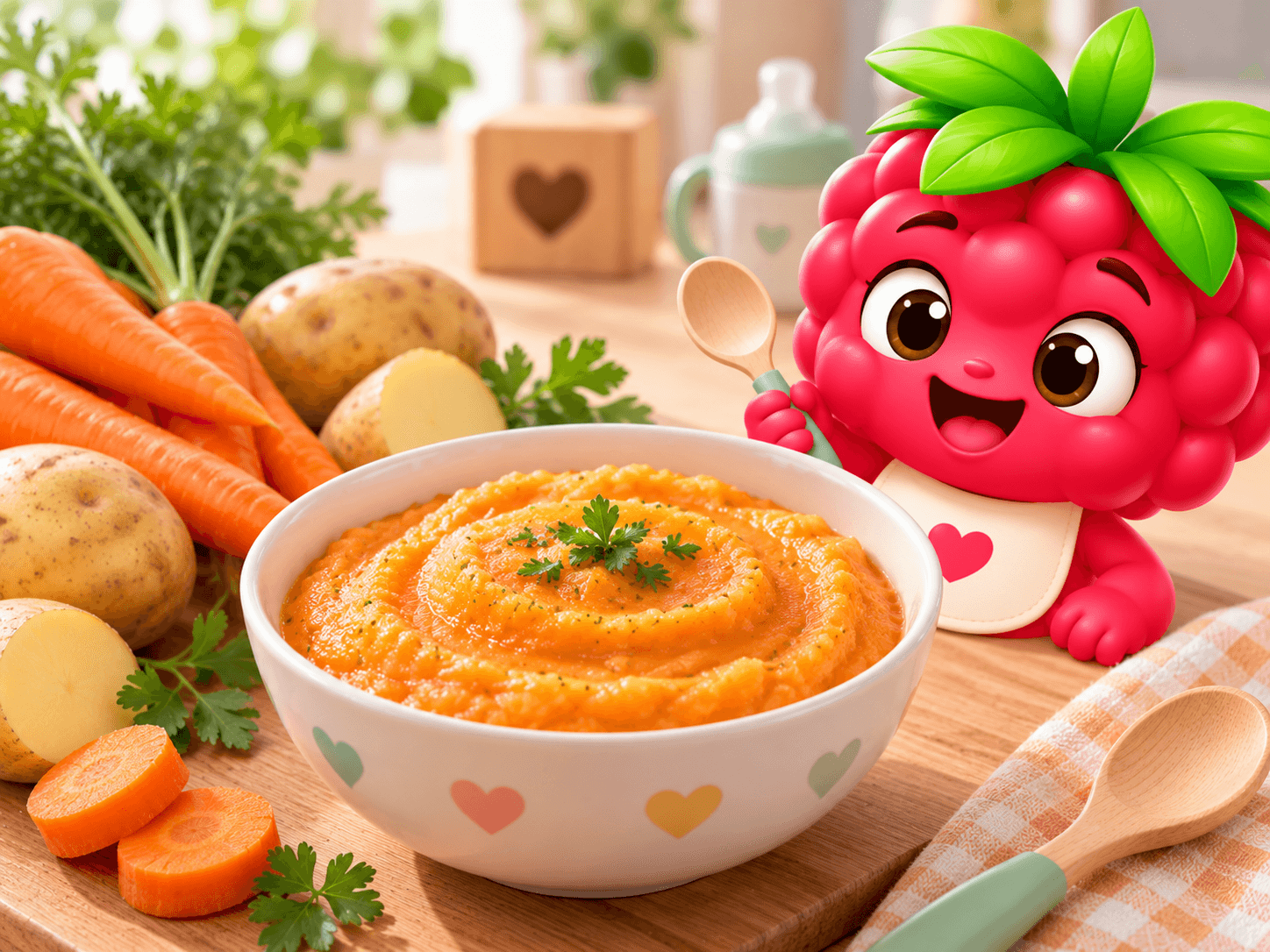 Purée lisse de carotte et pomme de terre, à la couleur orangée et douce, présentée dans une petite assiette pour bébé.