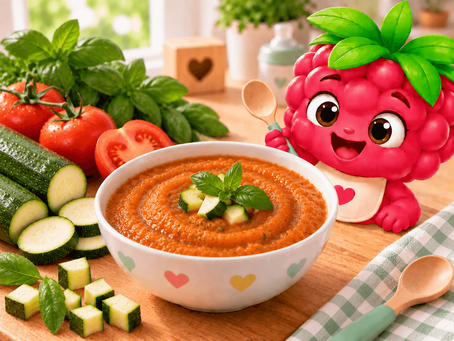 Purée lisse de tomate et courgette, présentée en petite assiette, texture onctueuse et couleur orangée estivale, idéale pour bébé.