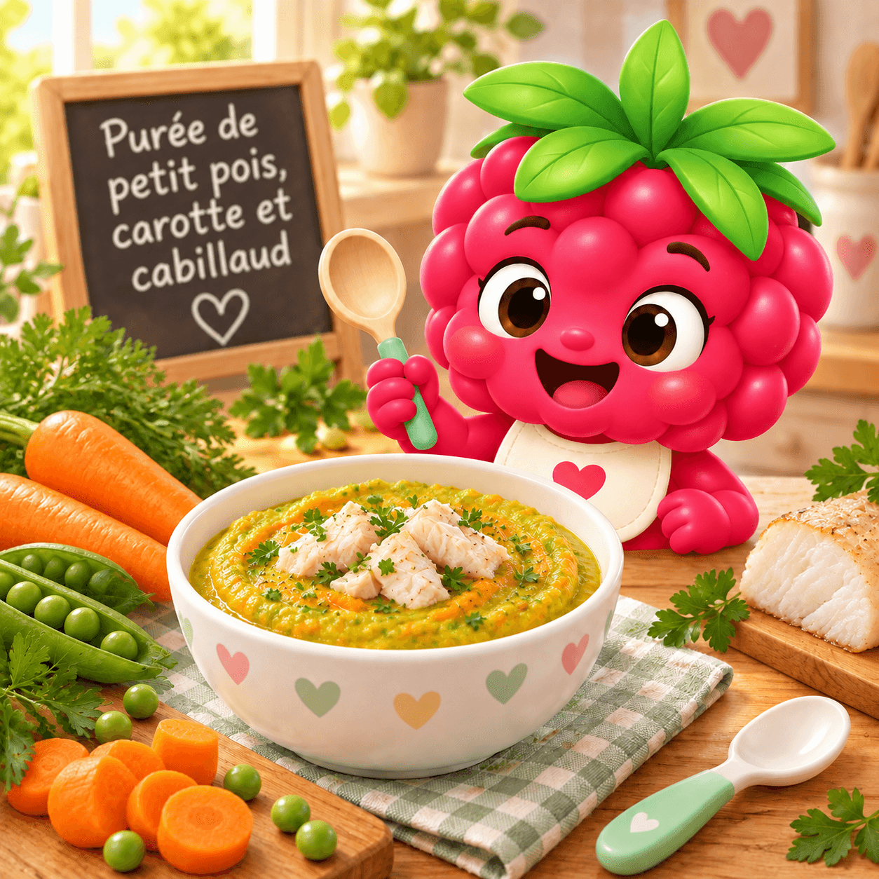 Purée de petit pois, carotte et cabillaud