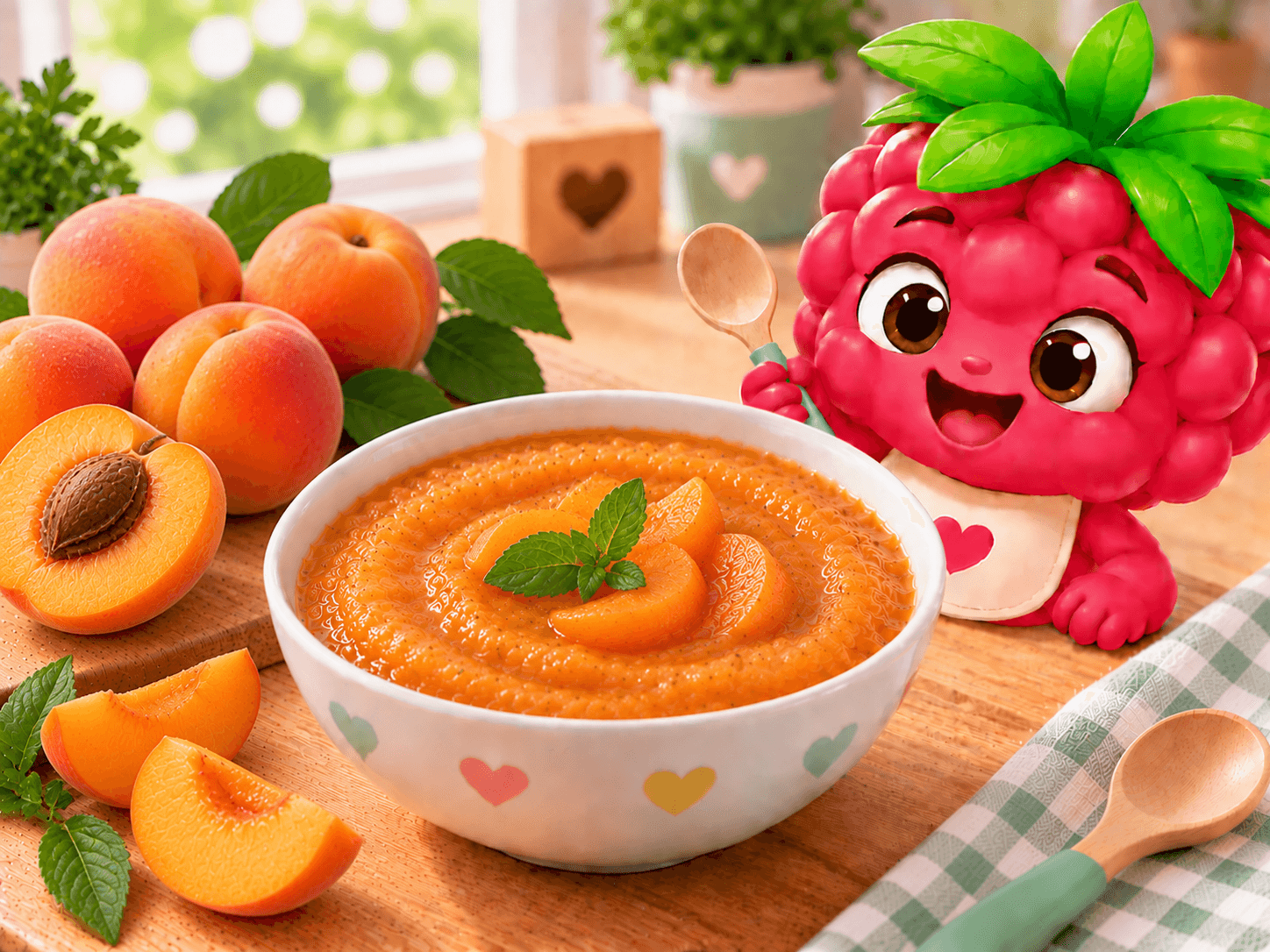 Orange apricot baby puree in a small white bowl, smooth and creamy texture, served without added sugar.